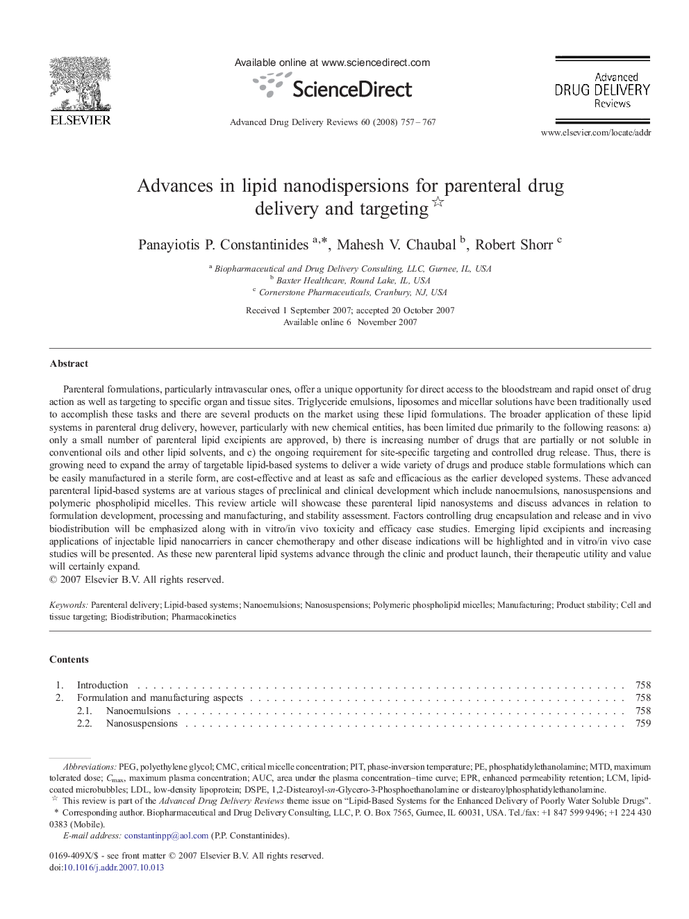 Advances in lipid nanodispersions for parenteral drug delivery and targeting 