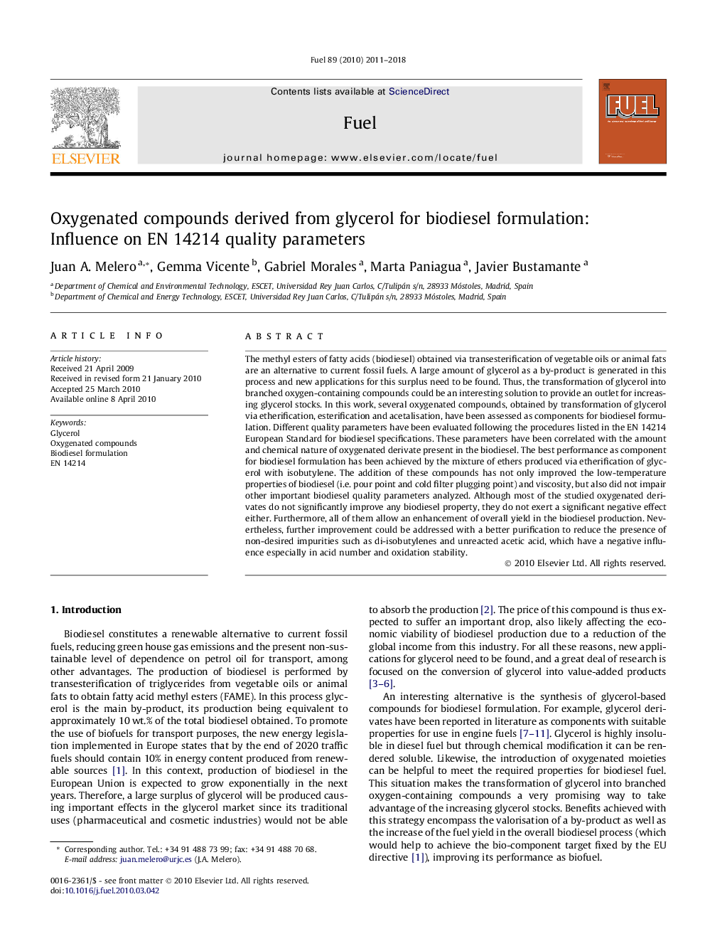 Oxygenated compounds derived from glycerol for biodiesel formulation: Influence on EN 14214 quality parameters