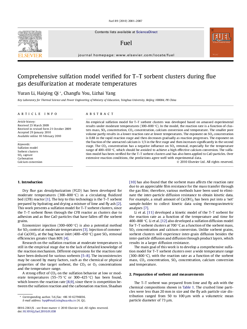 Comprehensive sulfation model verified for T–T sorbent clusters during flue gas desulfurization at moderate temperatures