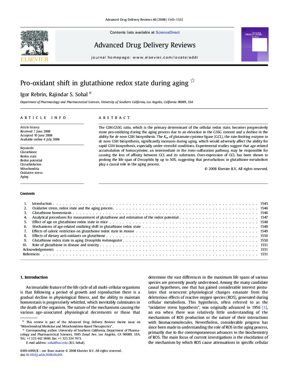 Pro-oxidant shift in glutathione redox state during aging 