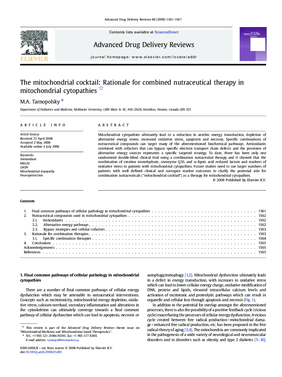 The mitochondrial cocktail: Rationale for combined nutraceutical therapy in mitochondrial cytopathies 