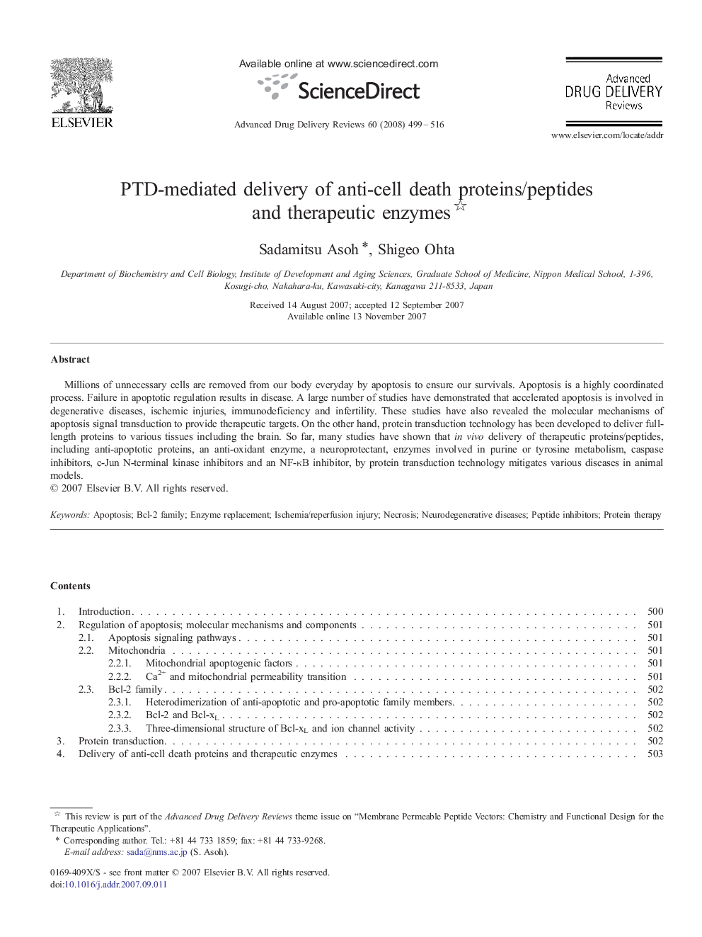 PTD-mediated delivery of anti-cell death proteins/peptides and therapeutic enzymes 