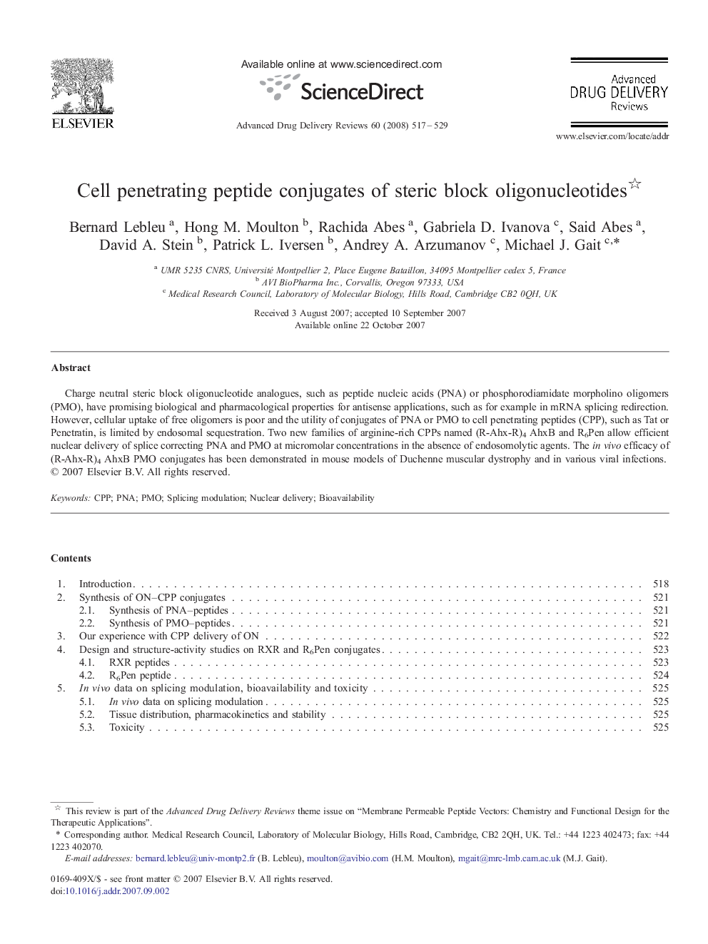 Cell penetrating peptide conjugates of steric block oligonucleotides 