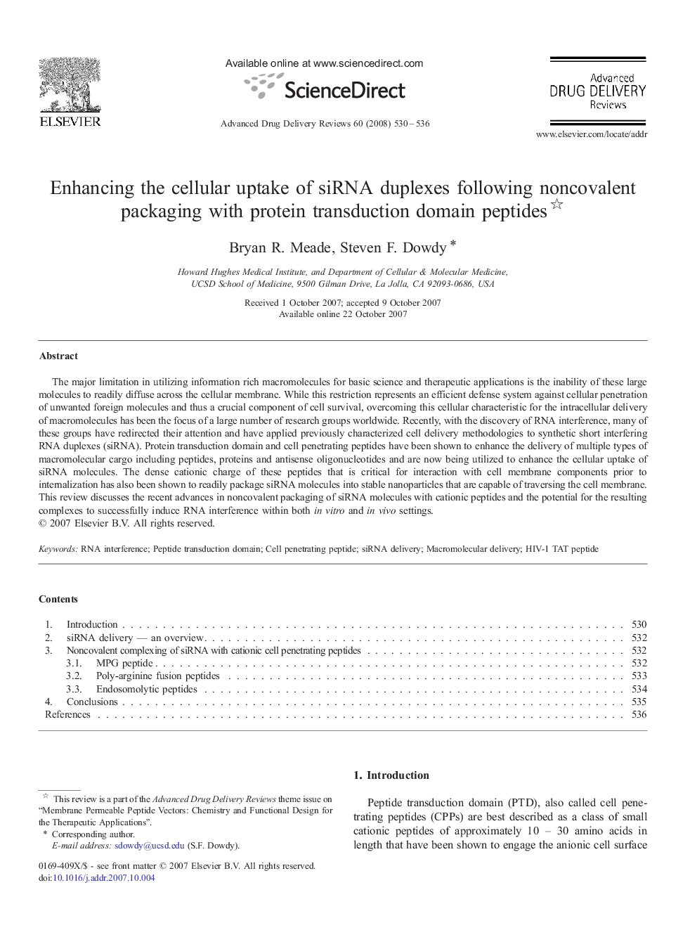 Enhancing the cellular uptake of siRNA duplexes following noncovalent packaging with protein transduction domain peptides 