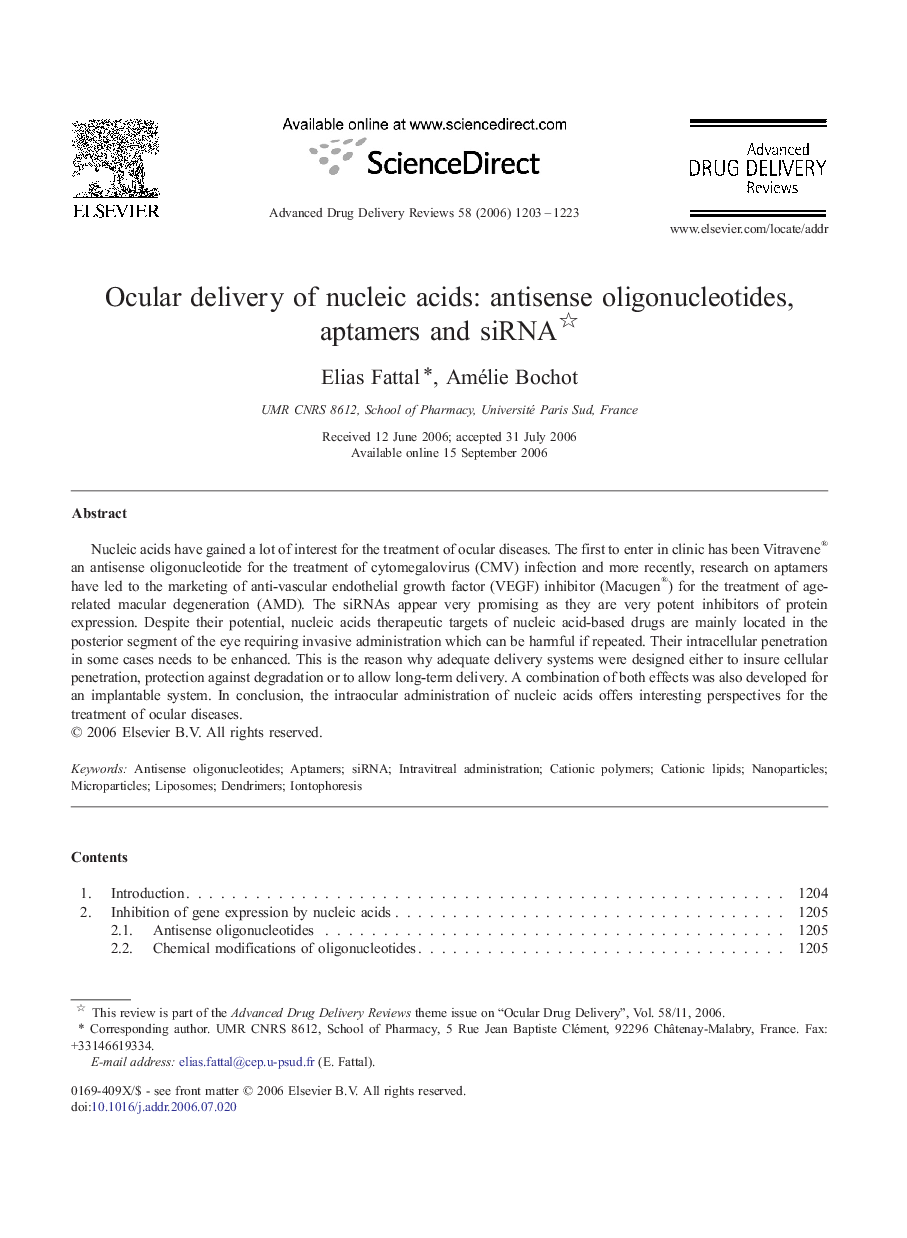 Ocular delivery of nucleic acids: antisense oligonucleotides, aptamers and siRNA 