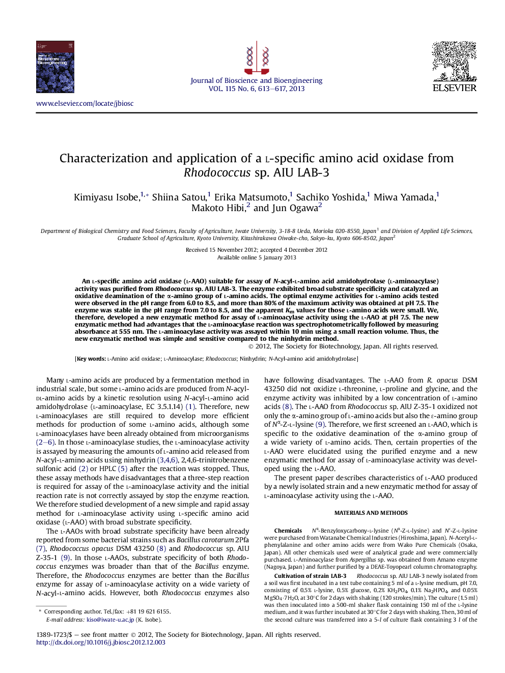 Characterization and application of a l-specific amino acid oxidase from Rhodococcus sp. AIU LAB-3