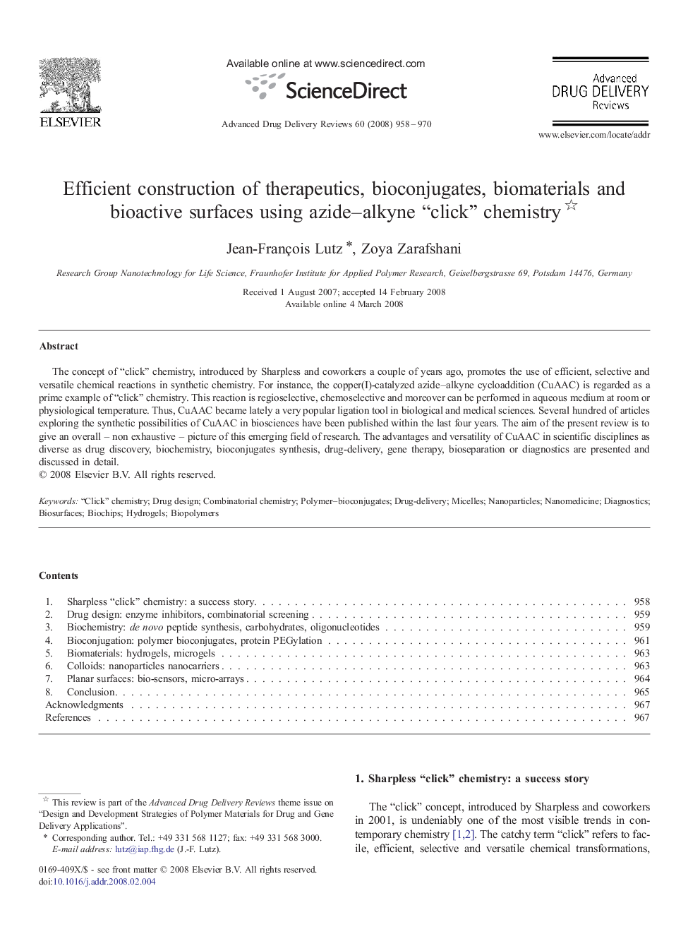 Efficient construction of therapeutics, bioconjugates, biomaterials and bioactive surfaces using azide–alkyne “click” chemistry 