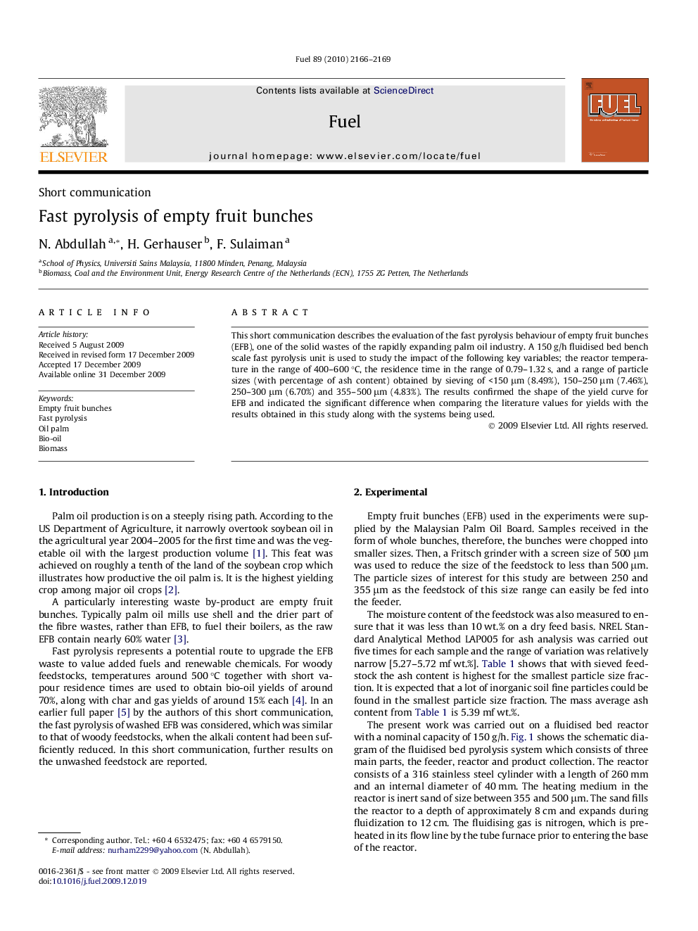 Fast pyrolysis of empty fruit bunches