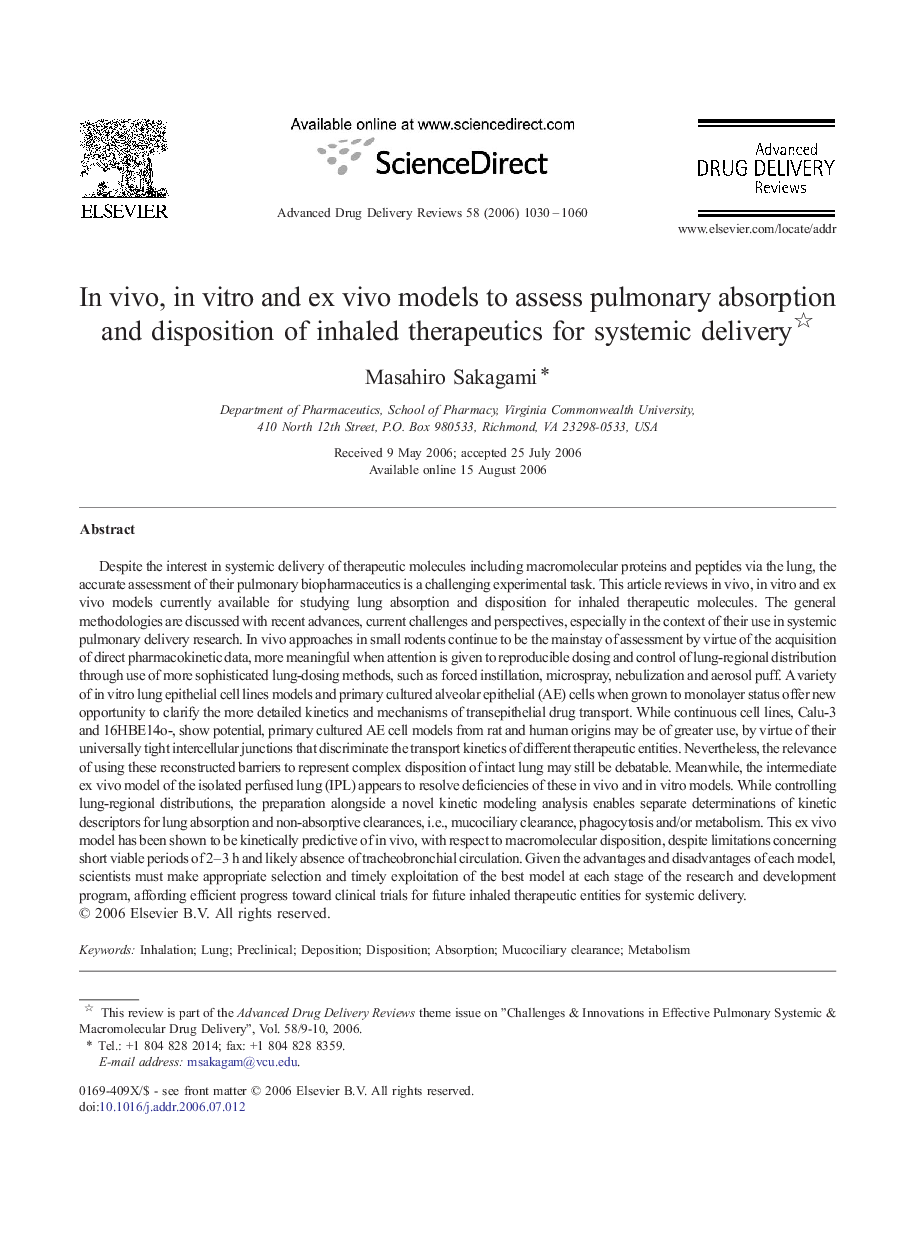 In vivo, in vitro and ex vivo models to assess pulmonary absorption and disposition of inhaled therapeutics for systemic delivery 