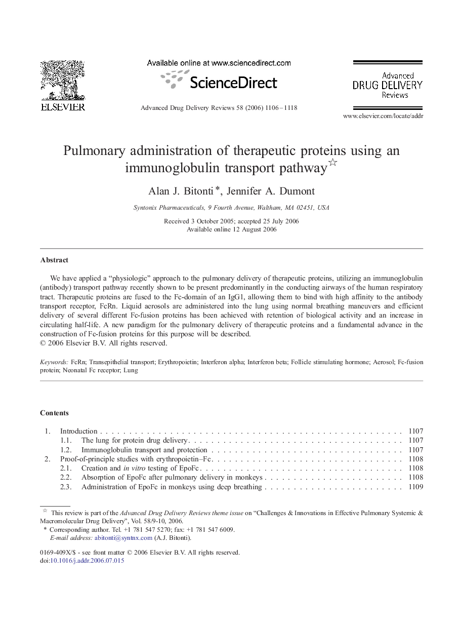 Pulmonary administration of therapeutic proteins using an immunoglobulin transport pathway 