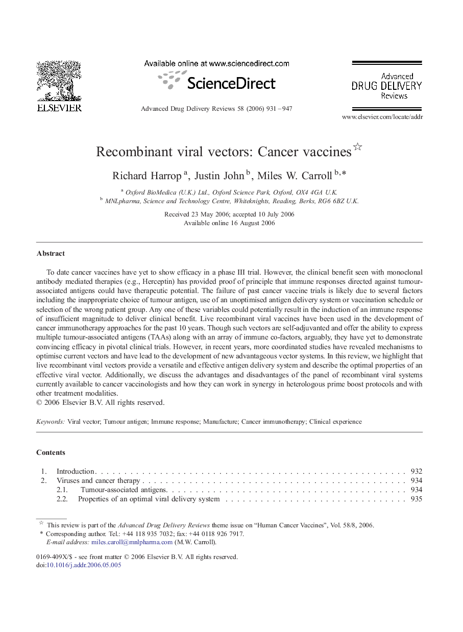 Recombinant viral vectors: Cancer vaccines 