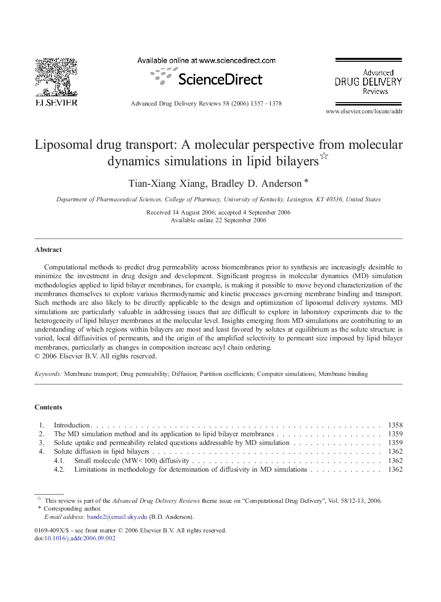 Liposomal drug transport: A molecular perspective from molecular dynamics simulations in lipid bilayers 