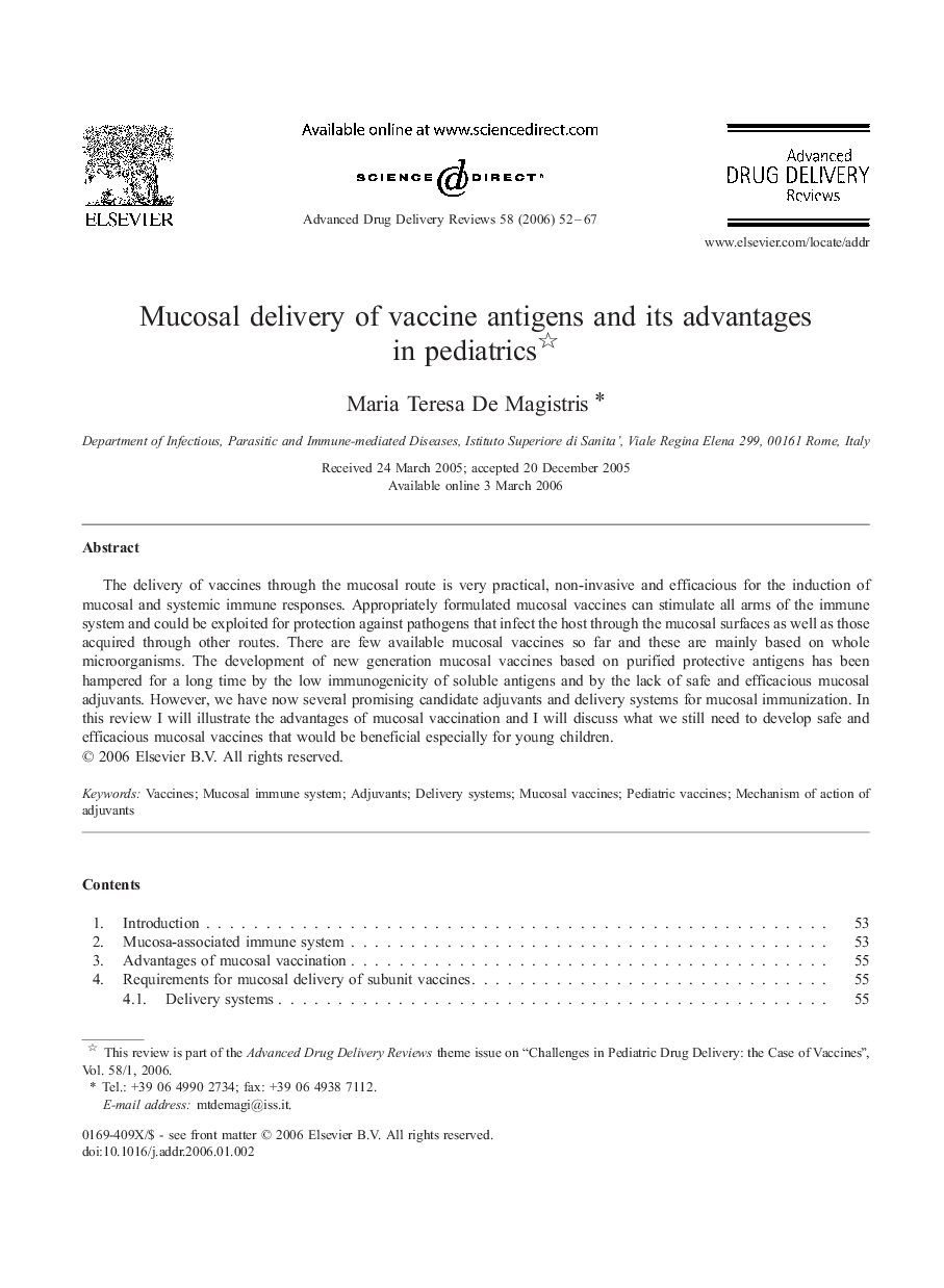 Mucosal delivery of vaccine antigens and its advantages in pediatrics 