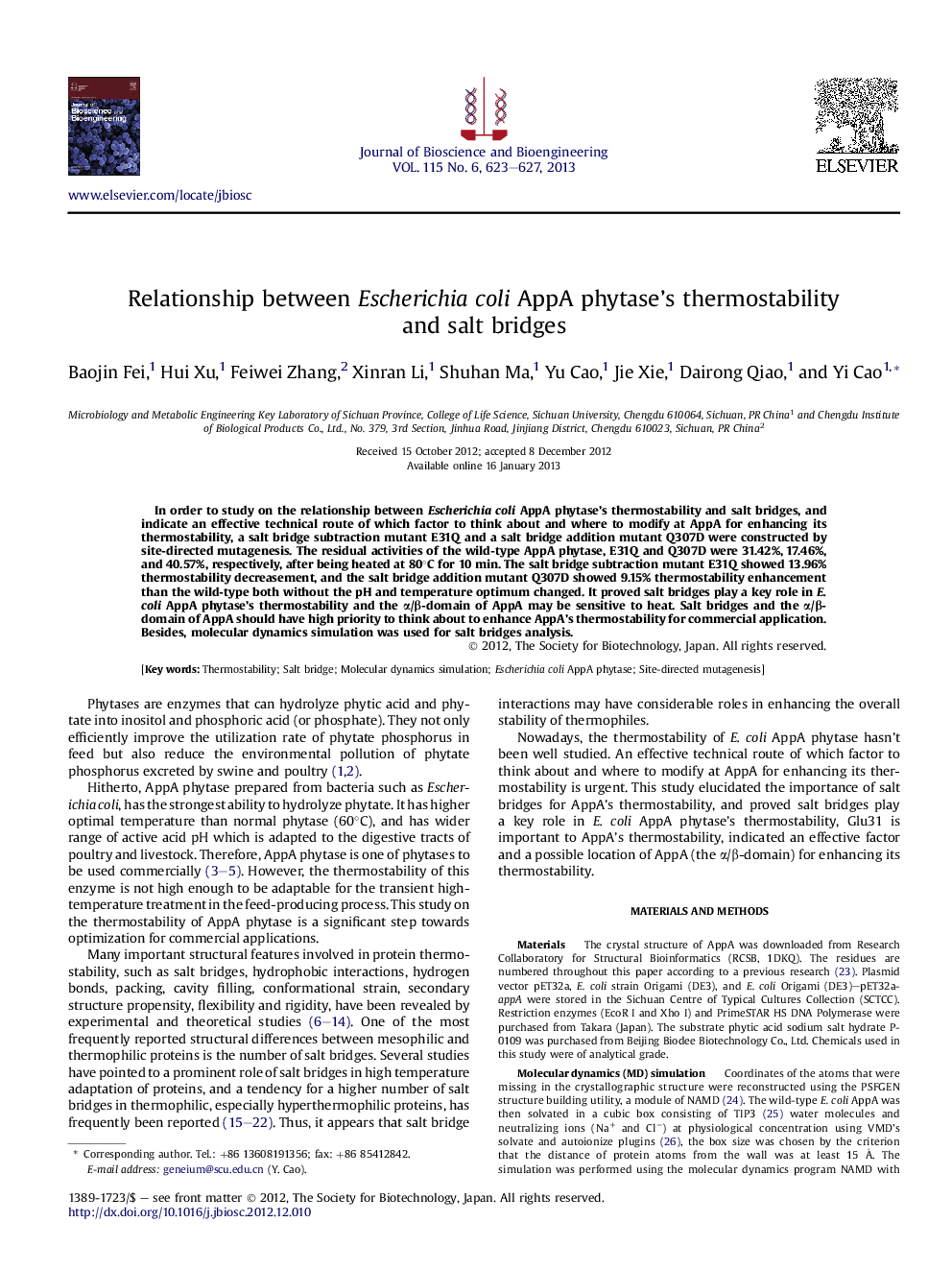 Relationship between Escherichia coli AppA phytase's thermostability and salt bridges