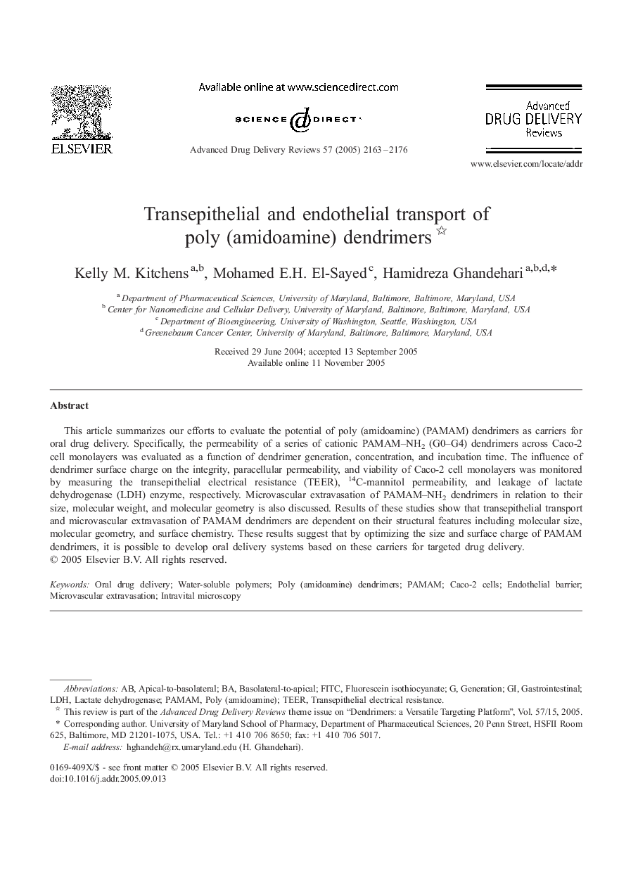 Transepithelial and endothelial transport of poly (amidoamine) dendrimers 