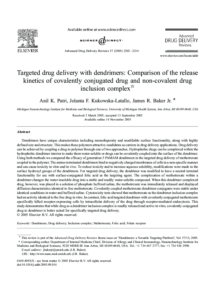 Targeted drug delivery with dendrimers: Comparison of the release kinetics of covalently conjugated drug and non-covalent drug inclusion complex 
