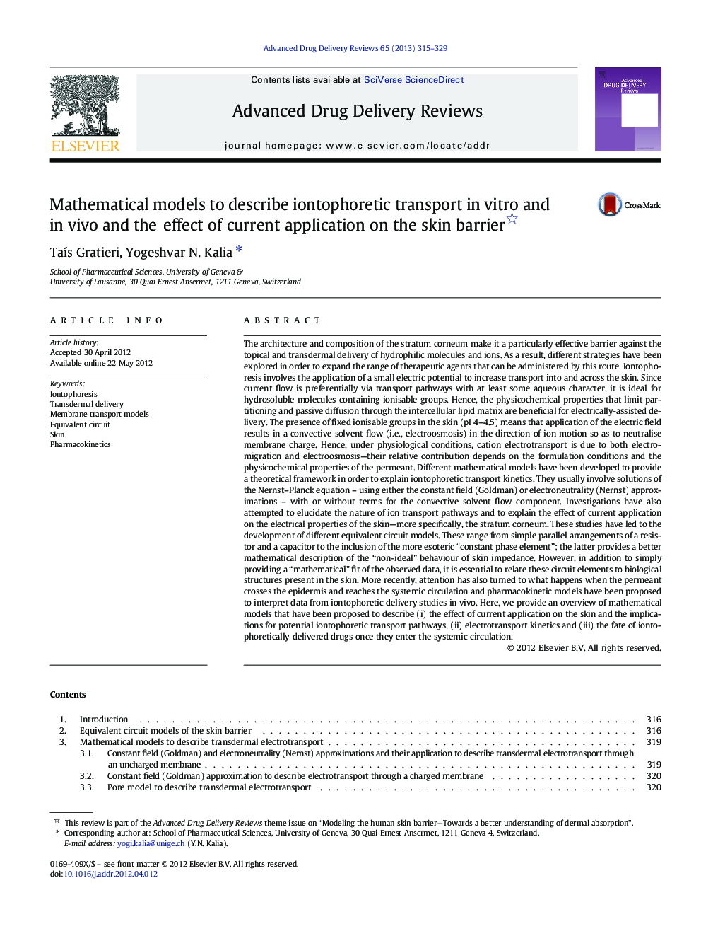 Mathematical models to describe iontophoretic transport in vitro and in vivo and the effect of current application on the skin barrier 