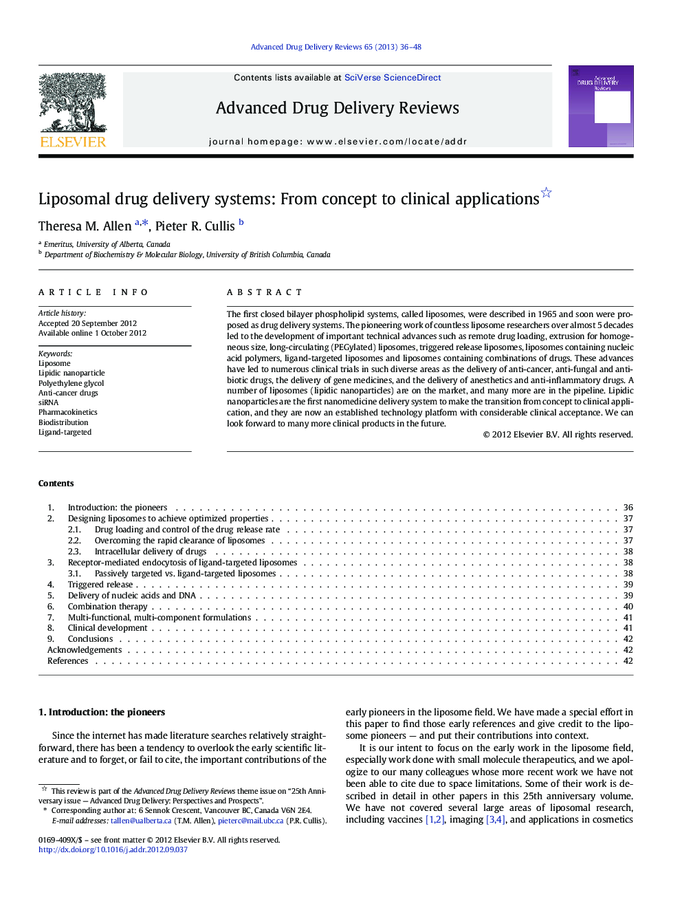 Liposomal drug delivery systems: From concept to clinical applications 