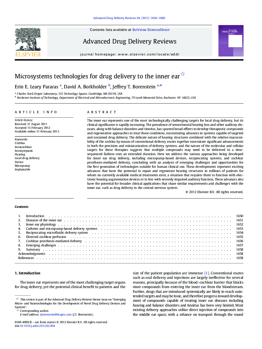 Microsystems technologies for drug delivery to the inner ear 