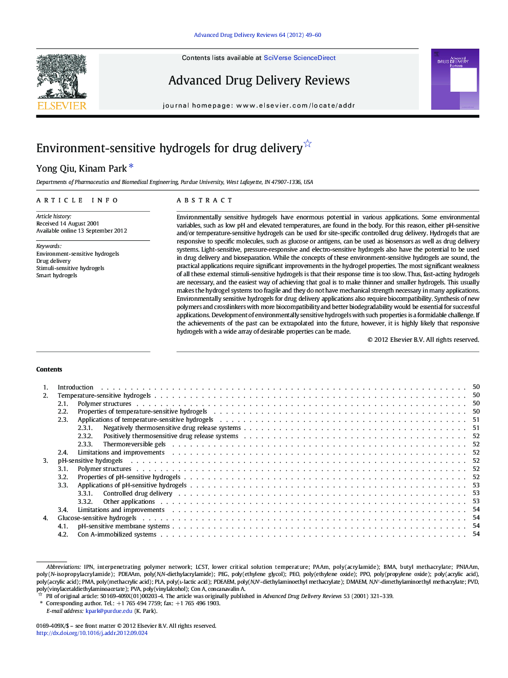 Environment-sensitive hydrogels for drug delivery 