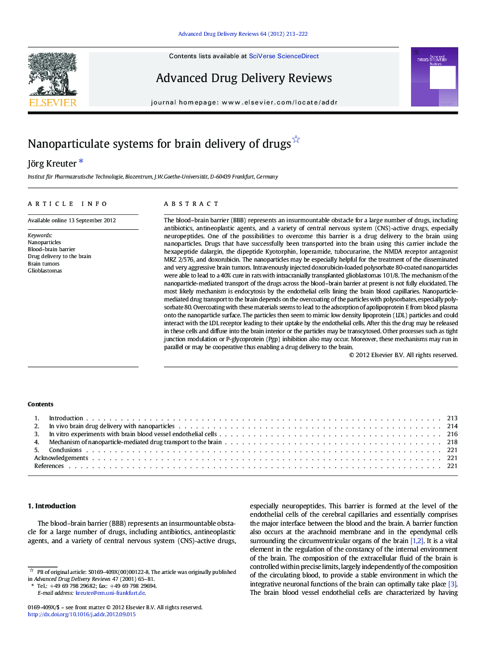 Nanoparticulate systems for brain delivery of drugs 