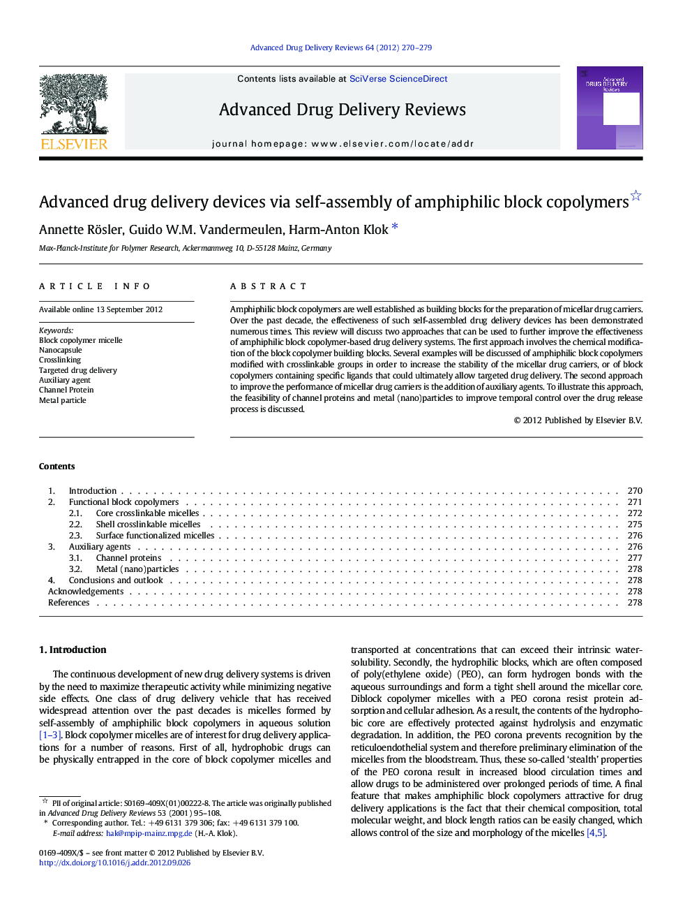 Advanced drug delivery devices via self-assembly of amphiphilic block copolymers 