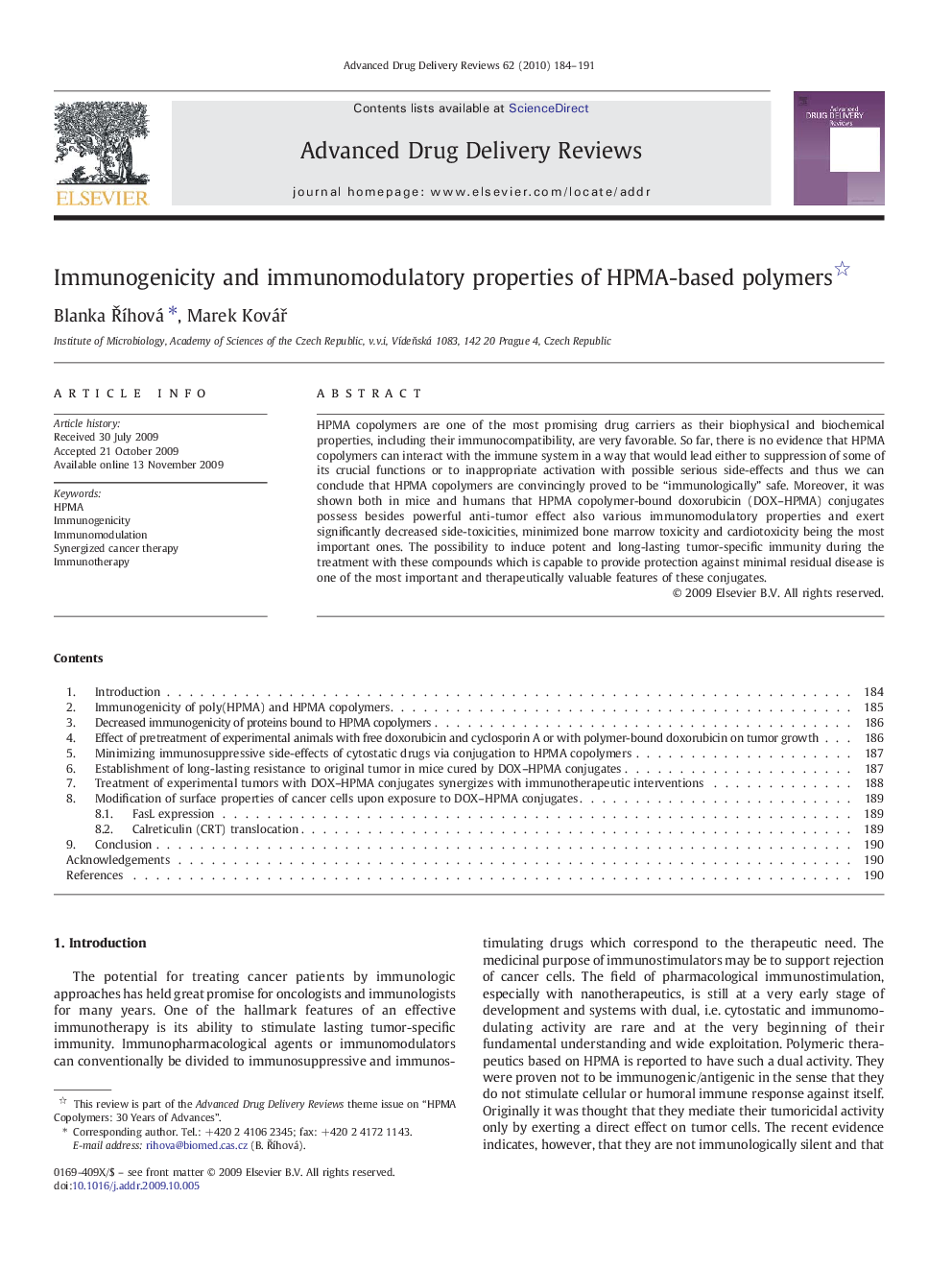 Immunogenicity and immunomodulatory properties of HPMA-based polymers 