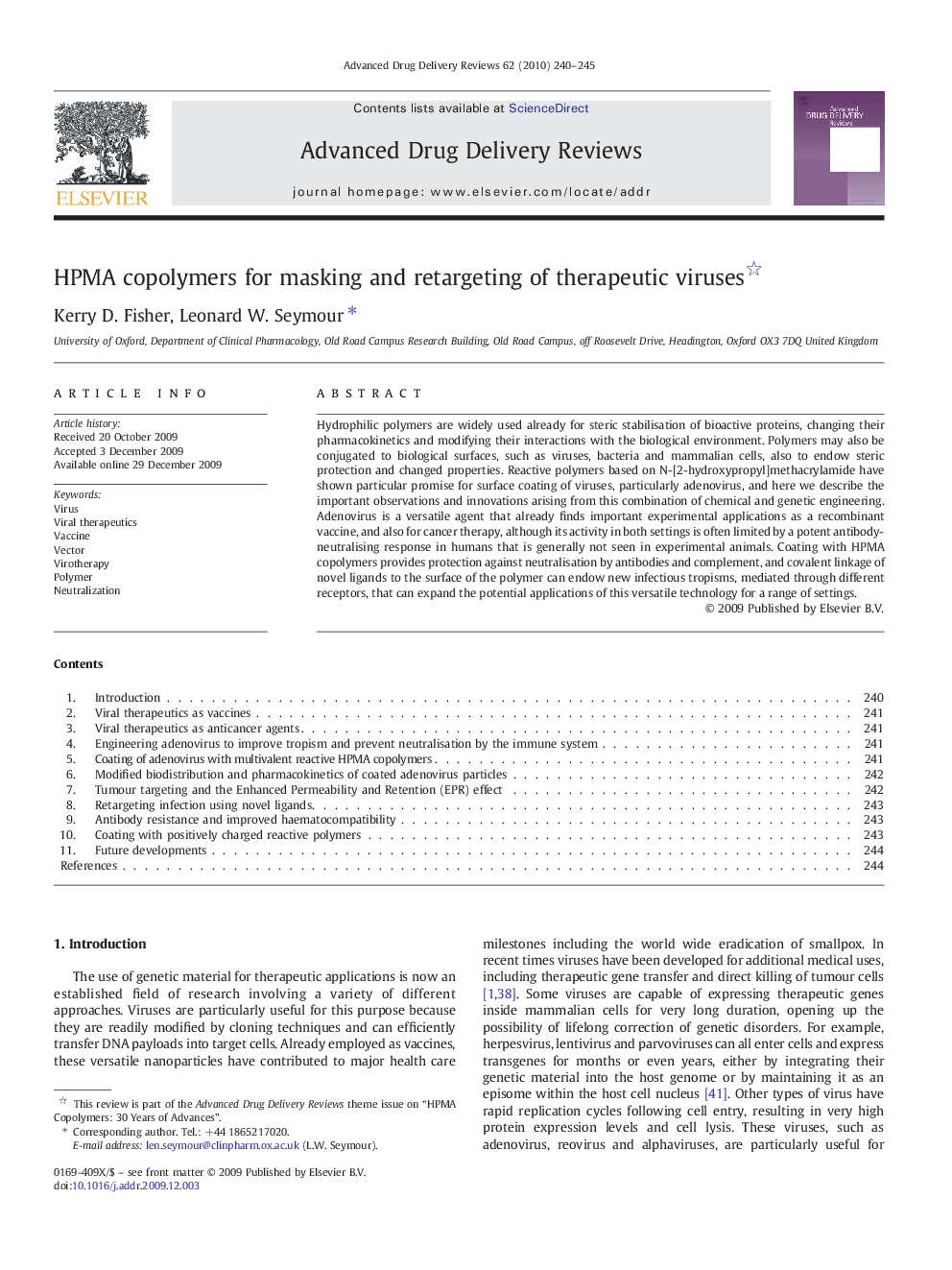 HPMA copolymers for masking and retargeting of therapeutic viruses 