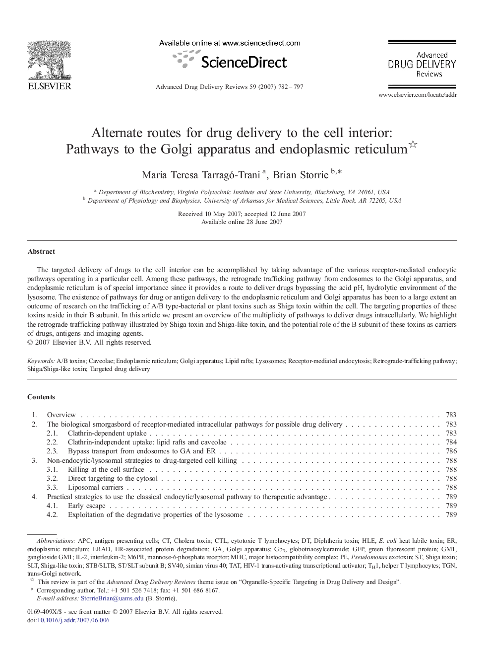 Alternate routes for drug delivery to the cell interior: Pathways to the Golgi apparatus and endoplasmic reticulum 