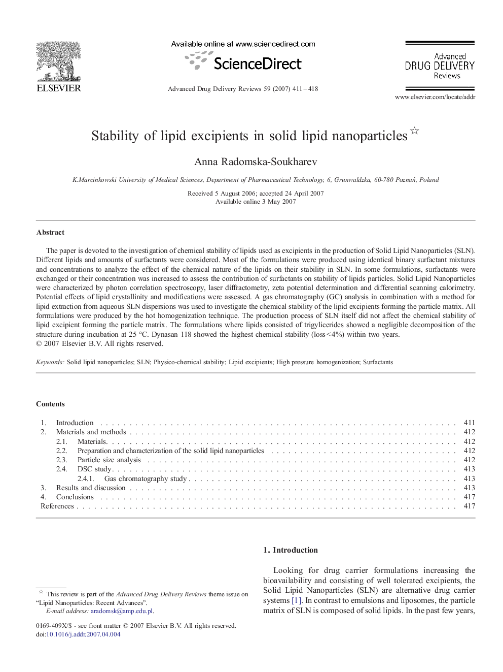 Stability of lipid excipients in solid lipid nanoparticles 