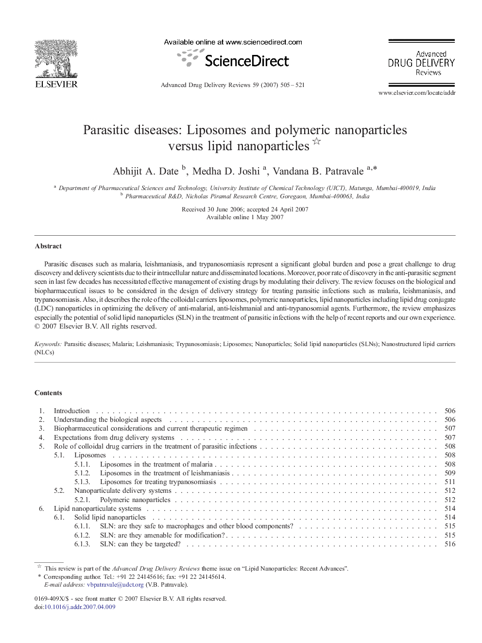 Parasitic diseases: Liposomes and polymeric nanoparticles versus lipid nanoparticles 