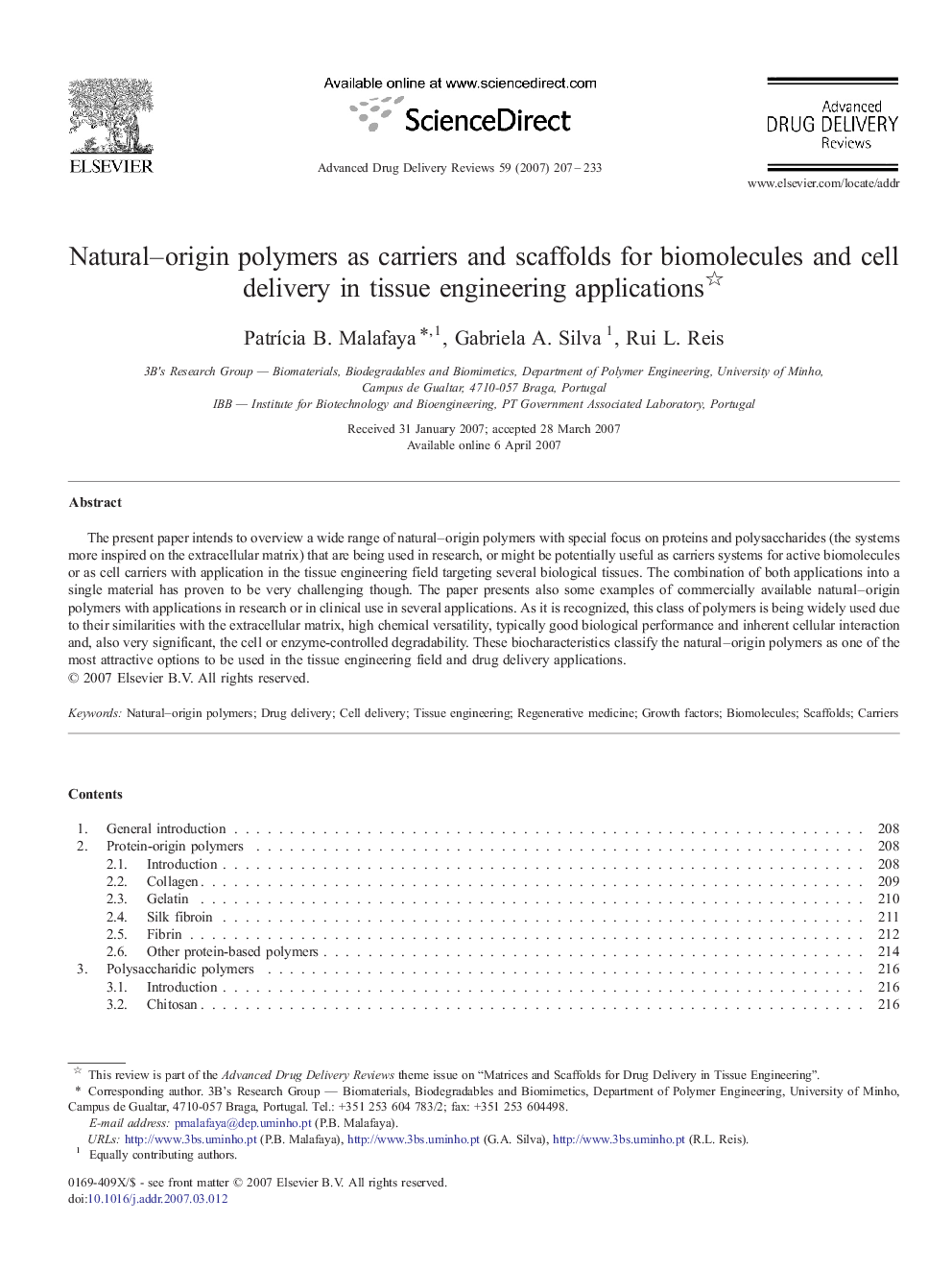 Natural–origin polymers as carriers and scaffolds for biomolecules and cell delivery in tissue engineering applications 