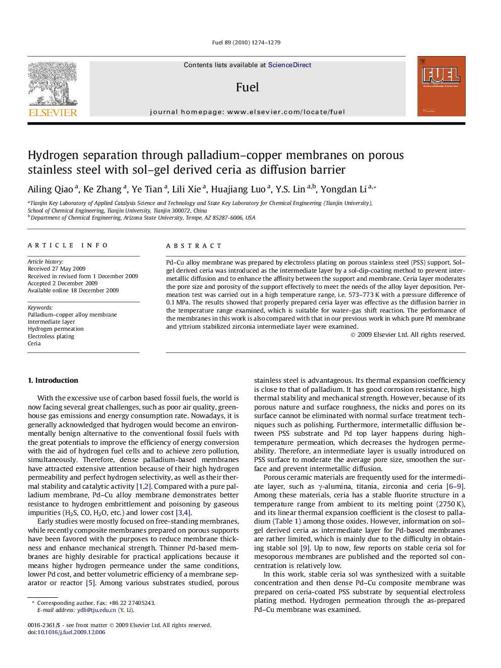 Hydrogen separation through palladium–copper membranes on porous stainless steel with sol–gel derived ceria as diffusion barrier