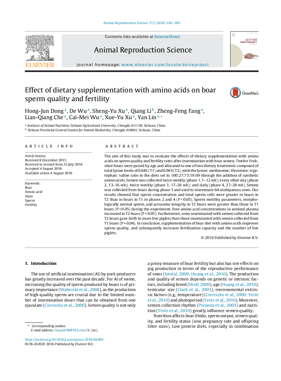 Effect of dietary supplementation with amino acids on boar sperm quality and fertility