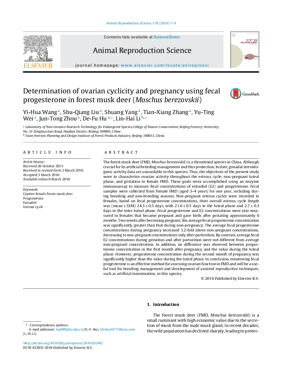 Determination of ovarian cyclicity and pregnancy using fecal progesterone in forest musk deer (Moschus berezovskii)