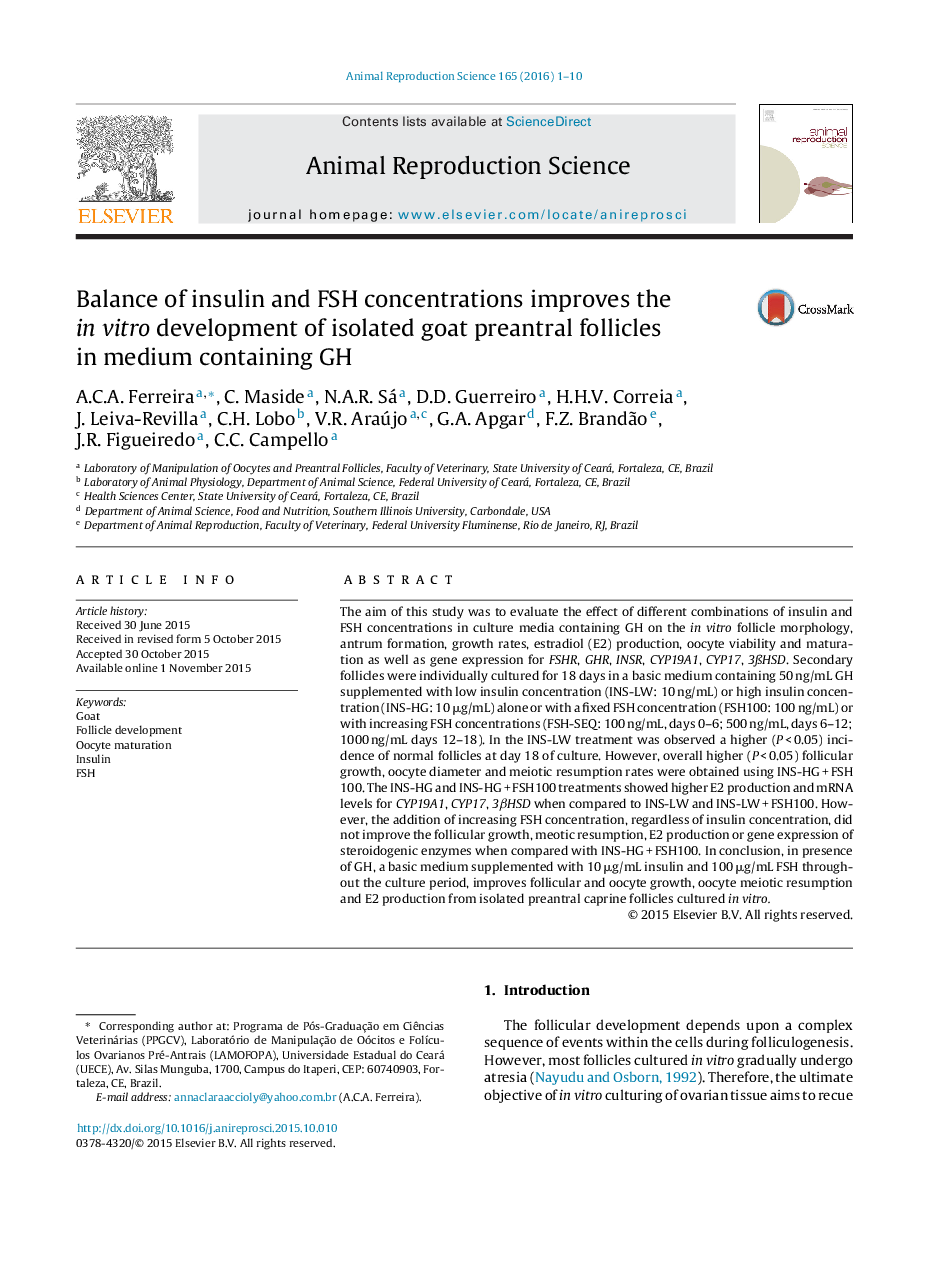 Balance of insulin and FSH concentrations improves the in vitro development of isolated goat preantral follicles in medium containing GH