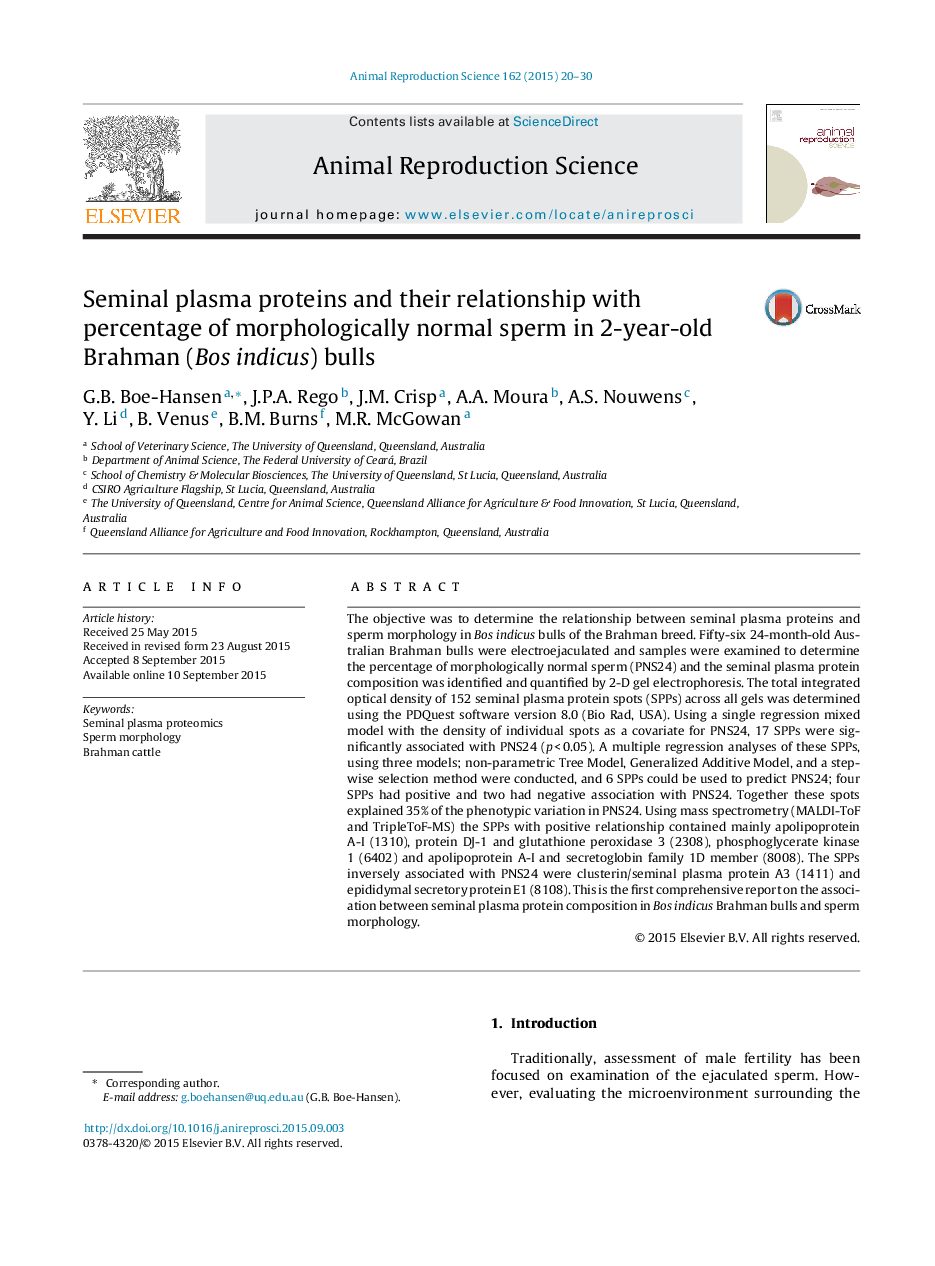 Seminal plasma proteins and their relationship with percentage of morphologically normal sperm in 2-year-old Brahman (Bos indicus) bulls