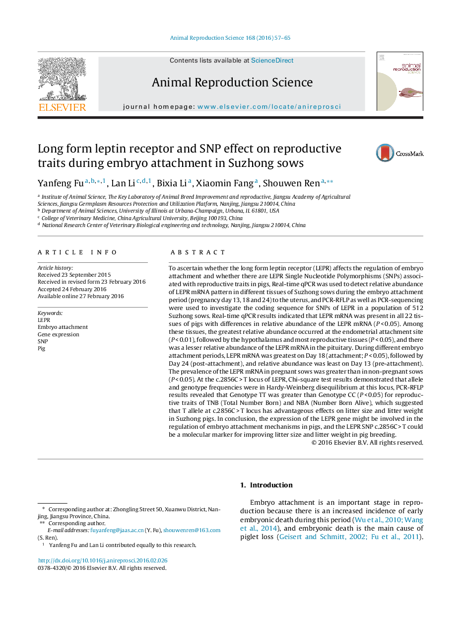 Long form leptin receptor and SNP effect on reproductive traits during embryo attachment in Suzhong sows