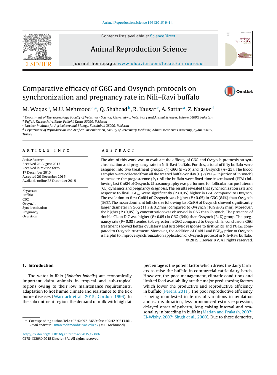 Comparative efficacy of G6G and Ovsynch protocols on synchronization and pregnancy rate in Nili–Ravi buffalo