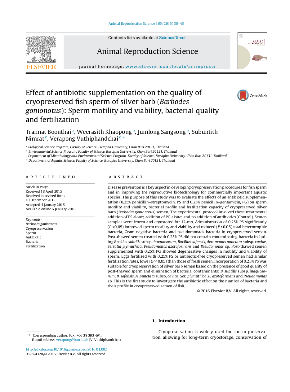 Effect of antibiotic supplementation on the quality of cryopreserved fish sperm of silver barb (Barbodes gonionotus): Sperm motility and viability, bacterial quality and fertilization