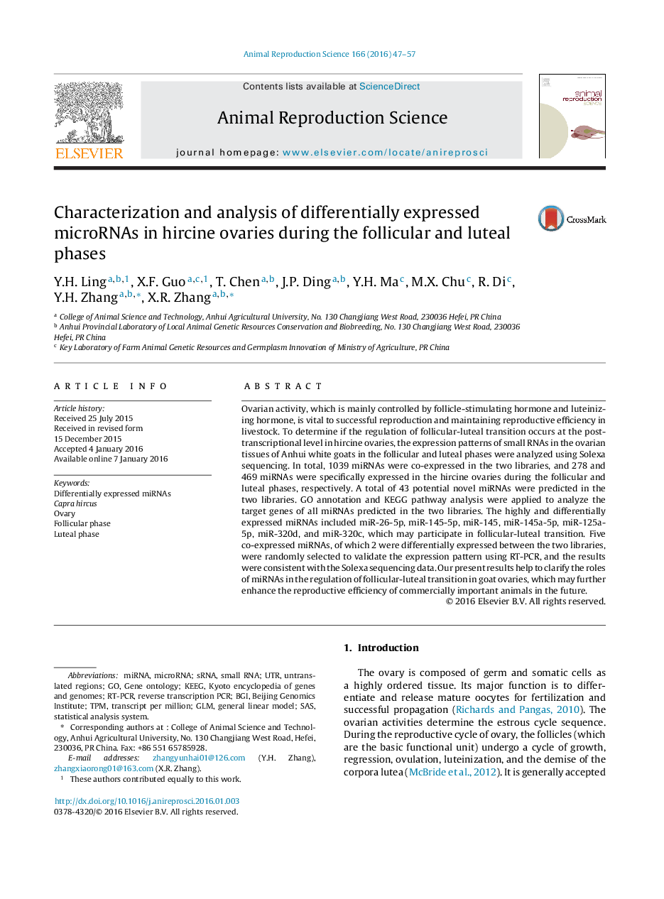 Characterization and analysis of differentially expressed microRNAs in hircine ovaries during the follicular and luteal phases