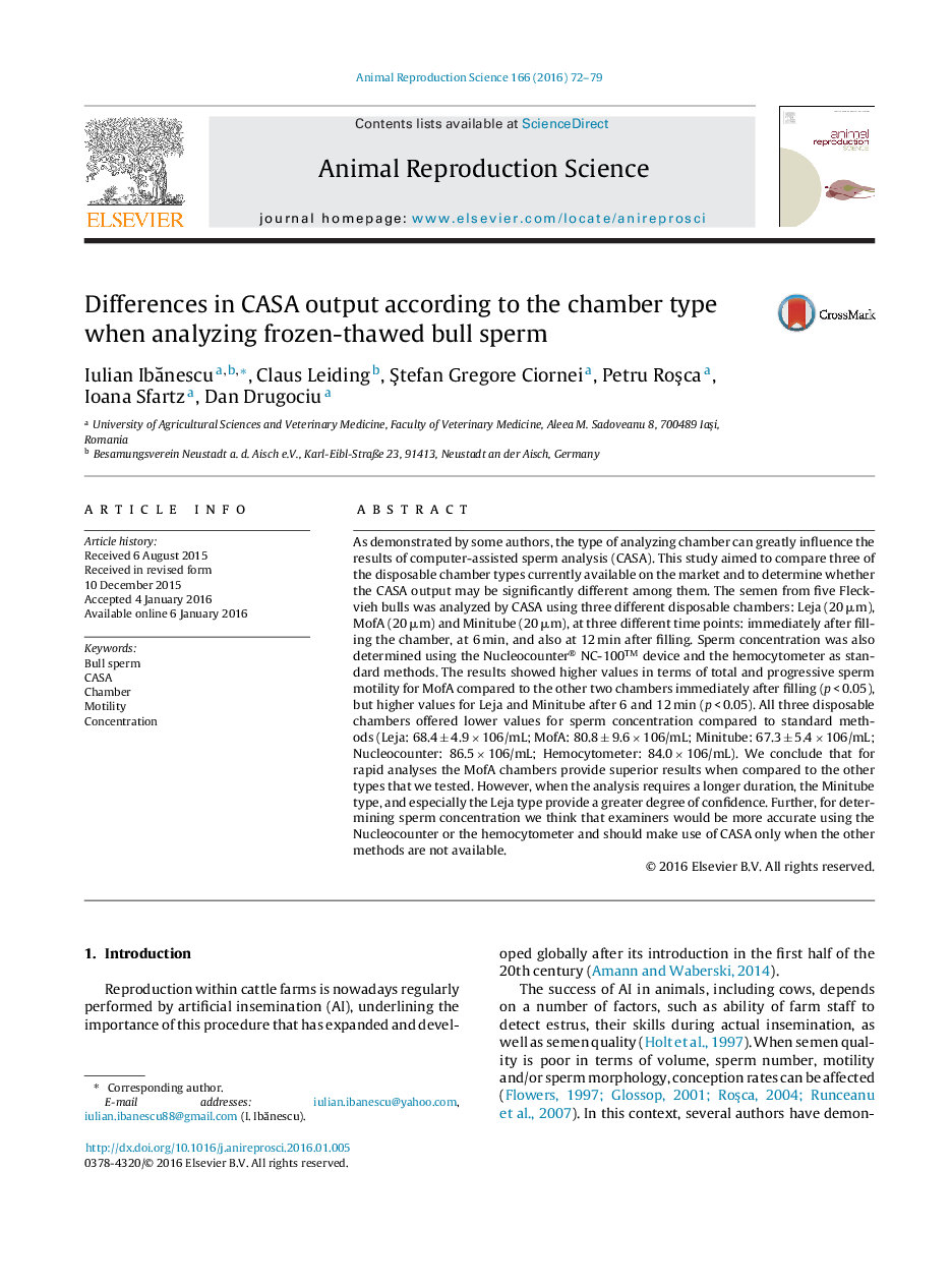 Differences in CASA output according to the chamber type when analyzing frozen-thawed bull sperm