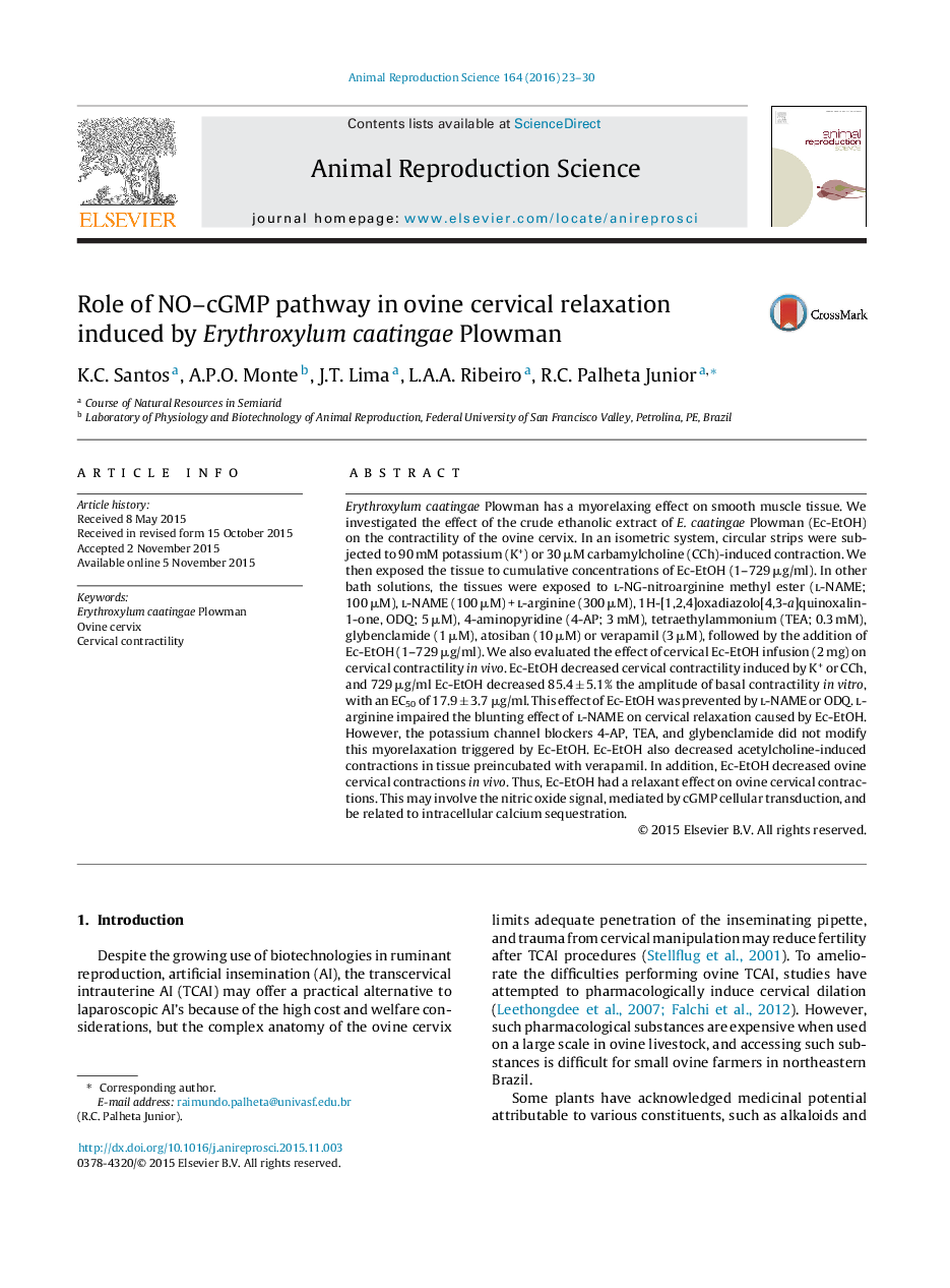 Role of NO–cGMP pathway in ovine cervical relaxation induced by Erythroxylum caatingae Plowman