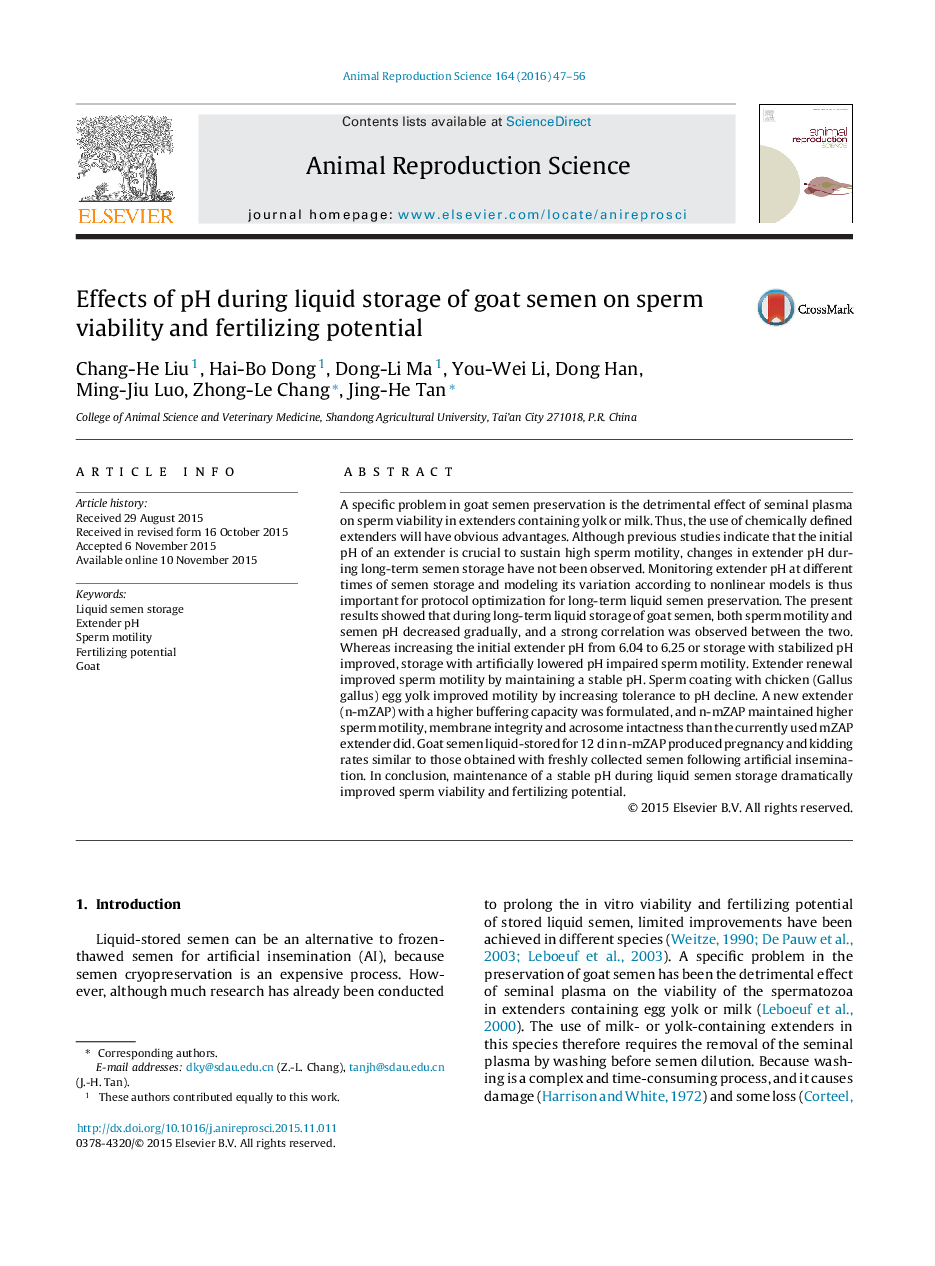 Effects of pH during liquid storage of goat semen on sperm viability and fertilizing potential