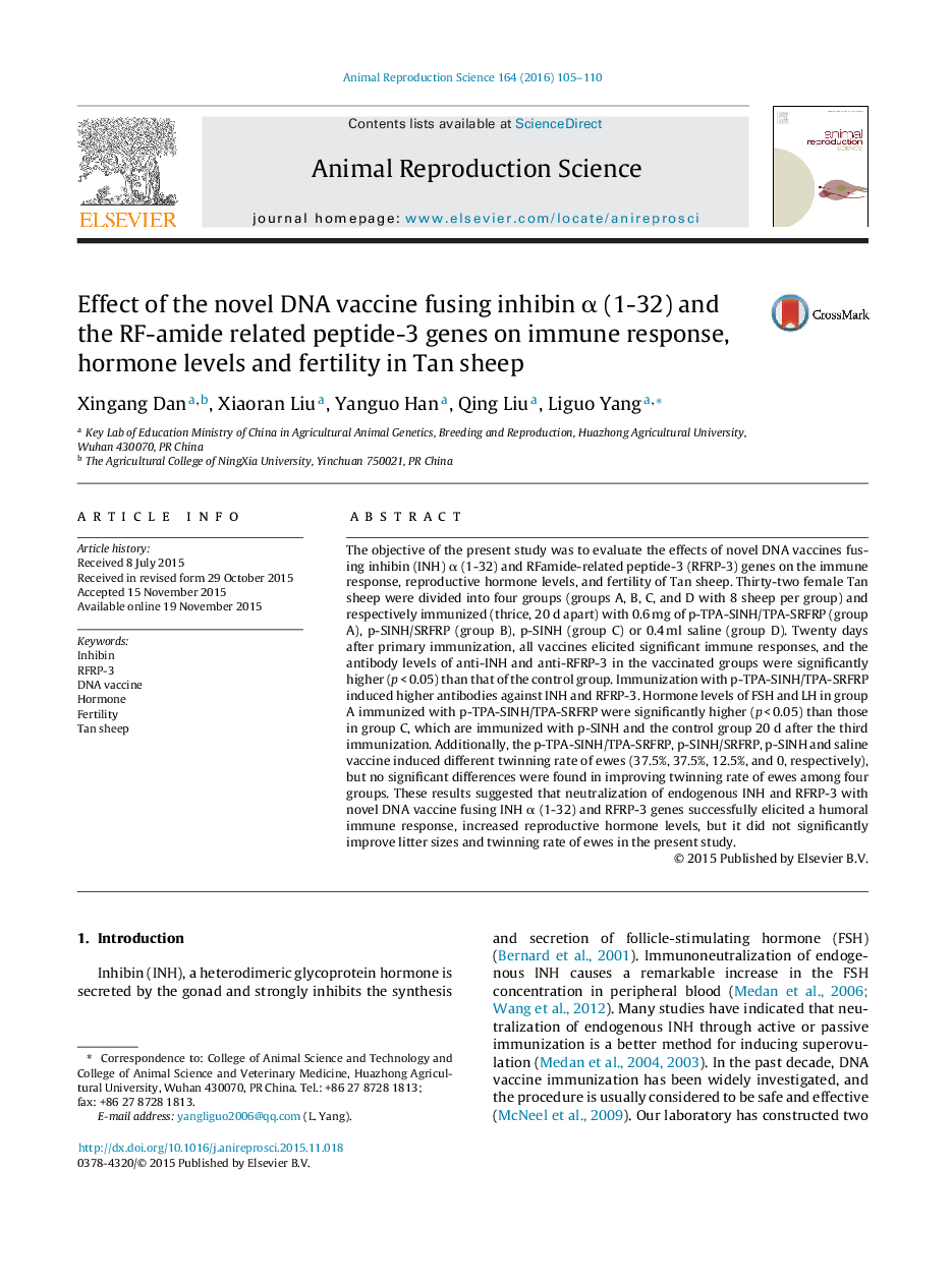 Effect of the novel DNA vaccine fusing inhibin α (1-32) and the RF-amide related peptide-3 genes on immune response, hormone levels and fertility in Tan sheep