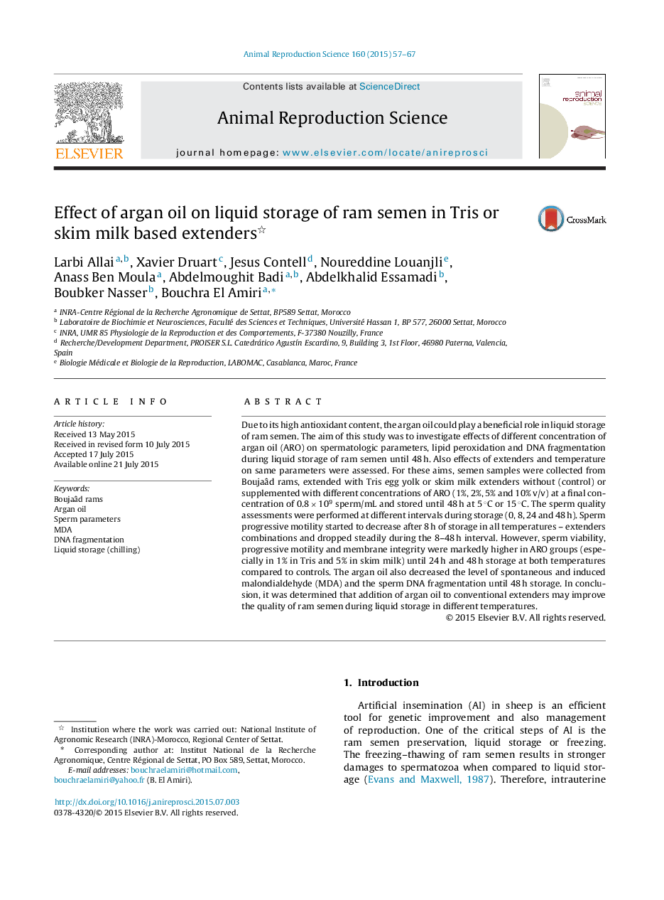 Effect of argan oil on liquid storage of ram semen in Tris or skim milk based extenders 