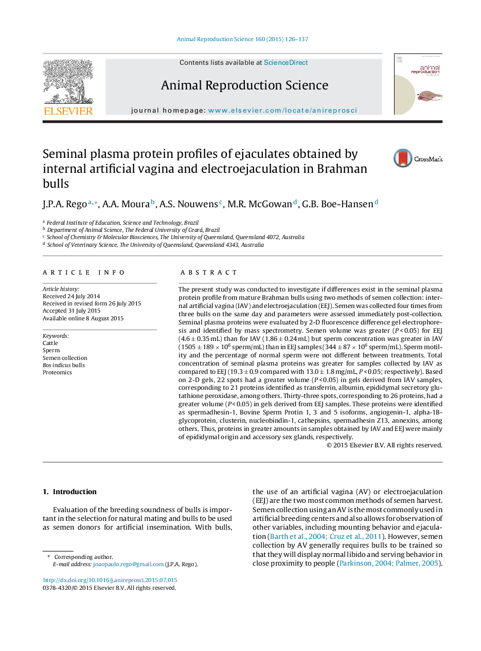 Seminal plasma protein profiles of ejaculates obtained by internal artificial vagina and electroejaculation in Brahman bulls