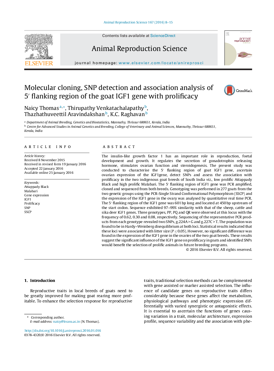 Molecular cloning, SNP detection and association analysis of 5′ flanking region of the goat IGF1 gene with prolificacy