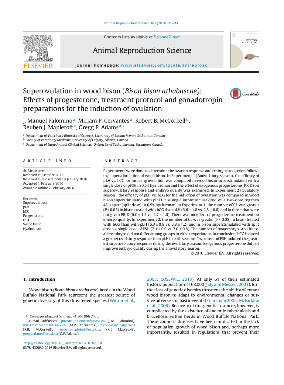 Superovulation in wood bison (Bison bison athabascae): Effects of progesterone, treatment protocol and gonadotropin preparations for the induction of ovulation