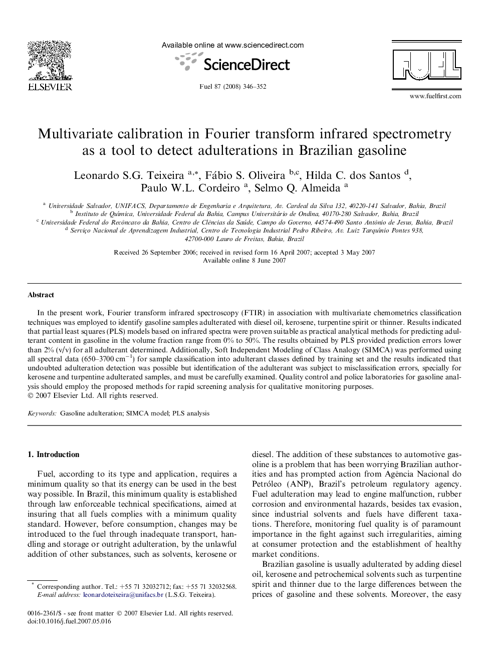 Multivariate calibration in Fourier transform infrared spectrometry as a tool to detect adulterations in Brazilian gasoline